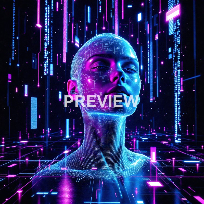 A futuristic digital portrait of a woman with glowing circuit-like patterns on her face and a background filled with neon-lit digital data streams.